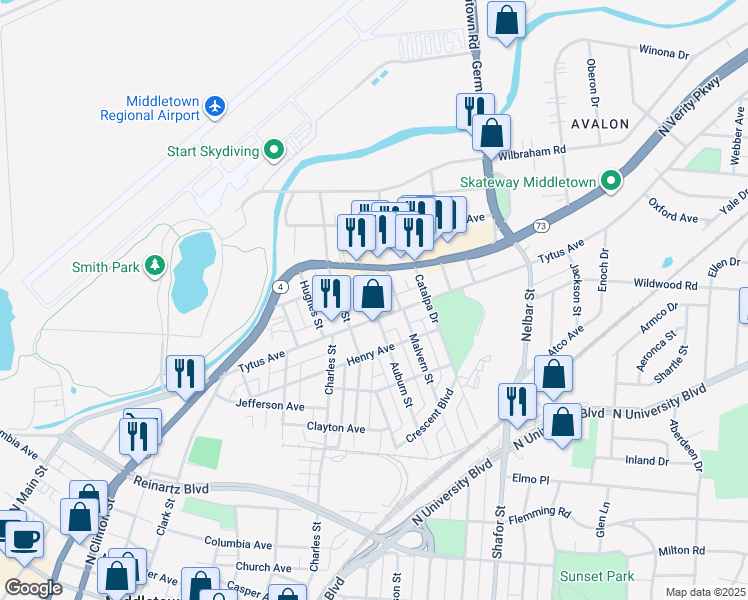 map of restaurants, bars, coffee shops, grocery stores, and more near 1007 Auburn Street in Middletown