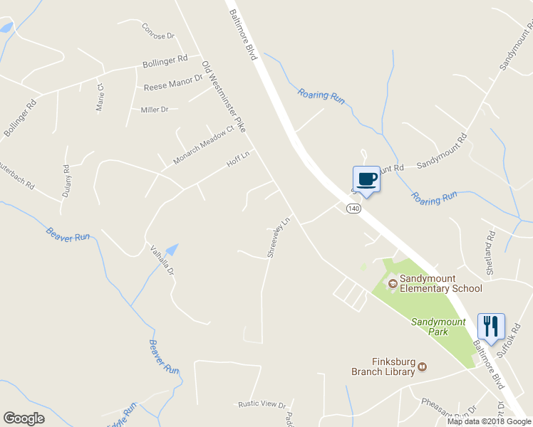 map of restaurants, bars, coffee shops, grocery stores, and more near 2094 Shreeveley Lane in Finksburg