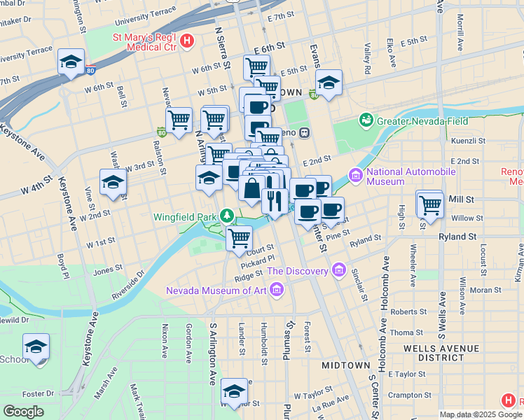 map of restaurants, bars, coffee shops, grocery stores, and more near 11 North Sierra Street in Reno