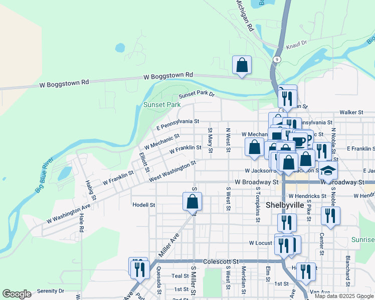 map of restaurants, bars, coffee shops, grocery stores, and more near 413 West Franklin Street in Shelbyville