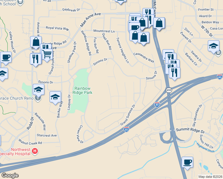 map of restaurants, bars, coffee shops, grocery stores, and more near 1460 Snow Summit Drive in Reno