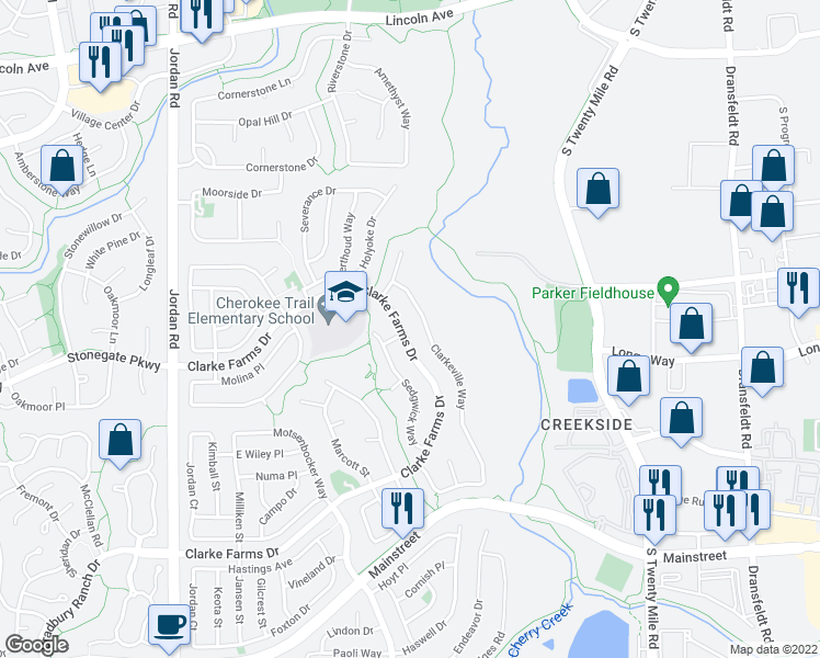 map of restaurants, bars, coffee shops, grocery stores, and more near 10614 Clarke Farms Drive in Parker