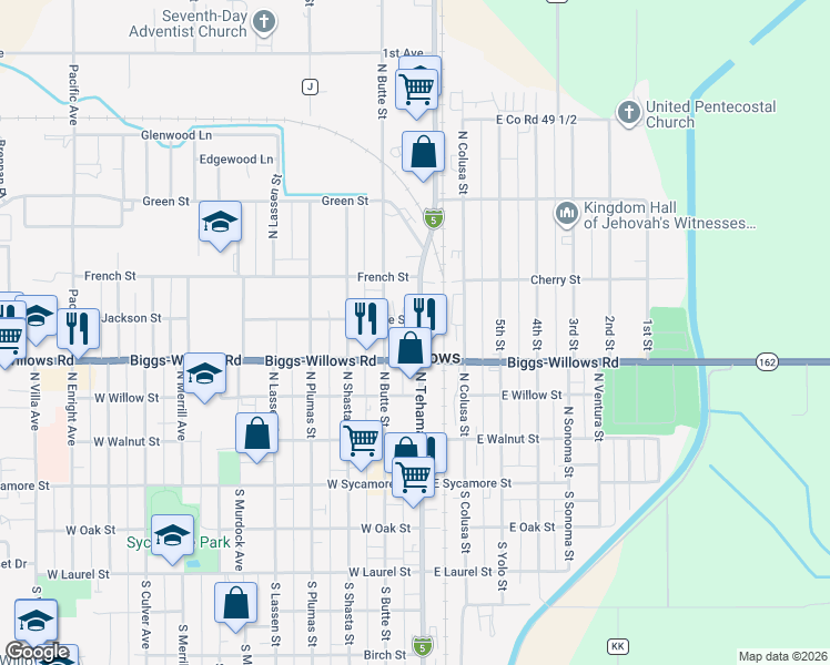 map of restaurants, bars, coffee shops, grocery stores, and more near 447 North Tehama Street in Willows