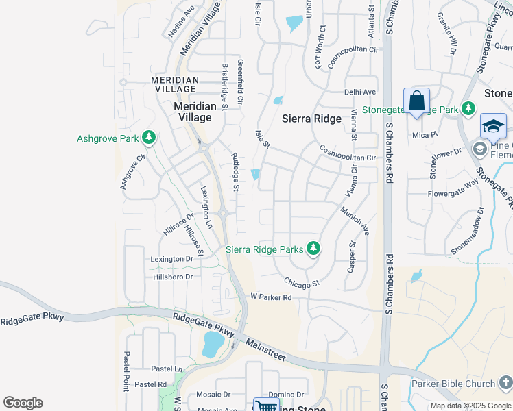 map of restaurants, bars, coffee shops, grocery stores, and more near 14527 Honolulu Circle in Parker