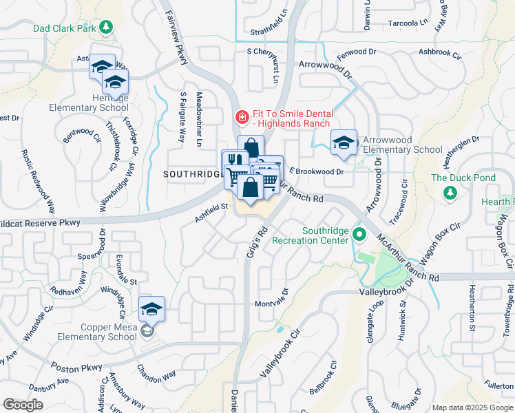 map of restaurants, bars, coffee shops, grocery stores, and more near 4004 Red Cedar Drive in Highlands Ranch