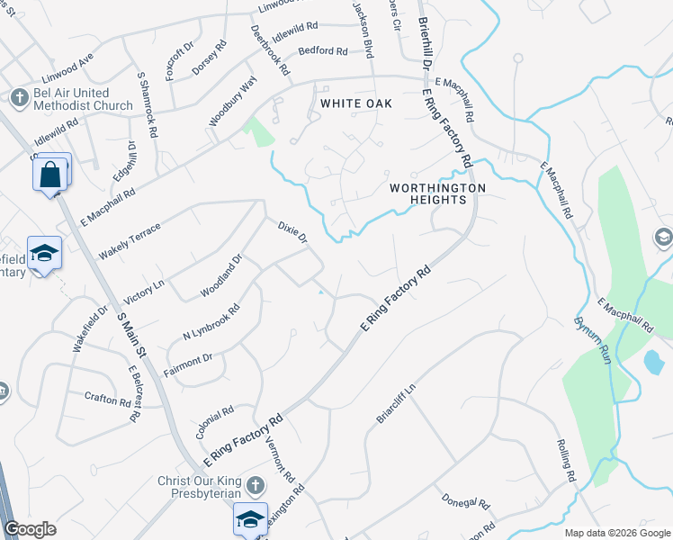 map of restaurants, bars, coffee shops, grocery stores, and more near 3 Stuart Terrace in Bel Air