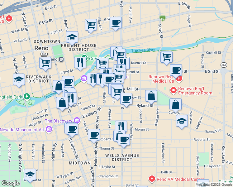 map of restaurants, bars, coffee shops, grocery stores, and more near 160 Park Street in Reno