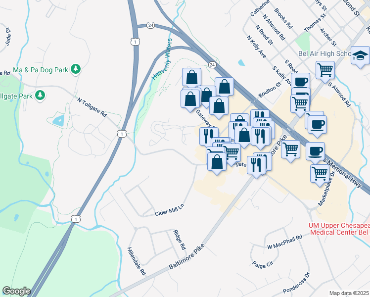 map of restaurants, bars, coffee shops, grocery stores, and more near 608 Squire Lane in Bel Air