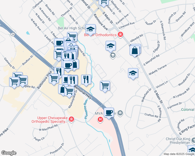 map of restaurants, bars, coffee shops, grocery stores, and more near 602 South Atwood Road in Bel Air