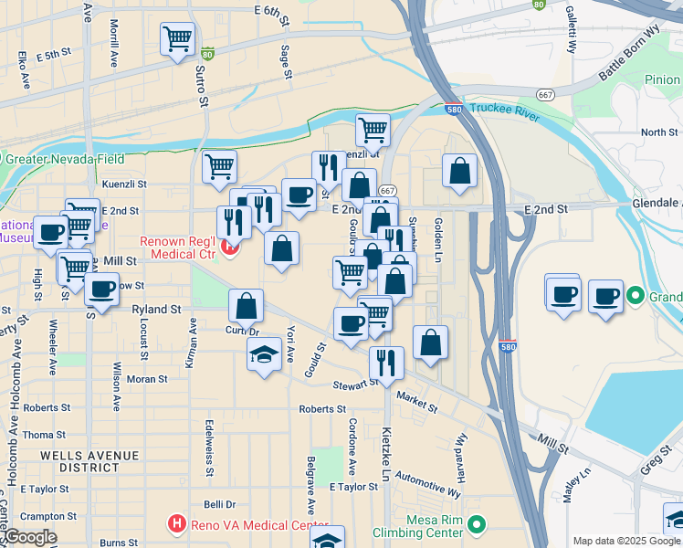 map of restaurants, bars, coffee shops, grocery stores, and more near 395 Gould Street in Reno