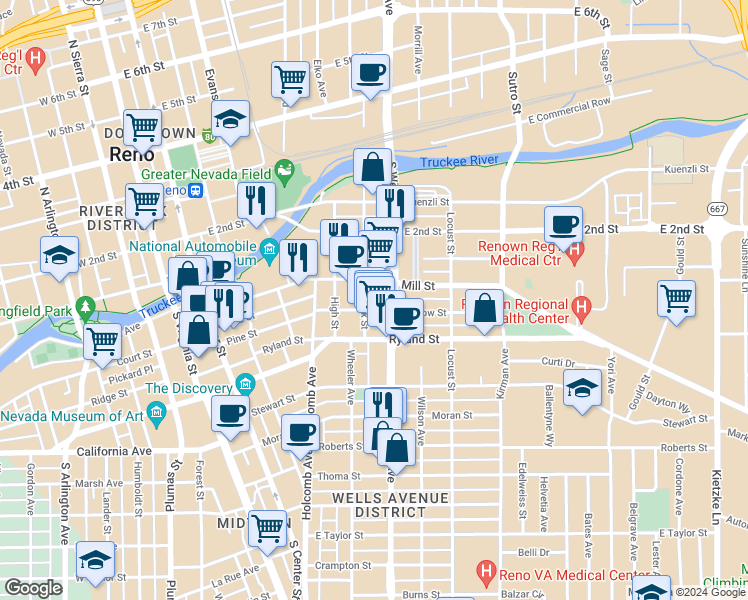 map of restaurants, bars, coffee shops, grocery stores, and more near 135 South Wells Avenue in Reno