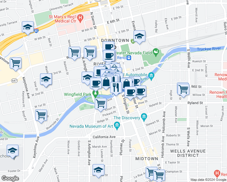 map of restaurants, bars, coffee shops, grocery stores, and more near in Reno