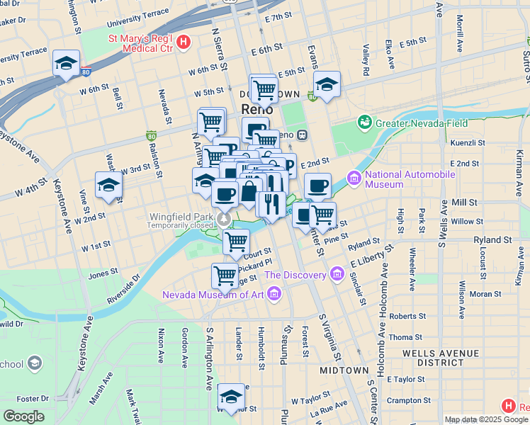map of restaurants, bars, coffee shops, grocery stores, and more near in Reno