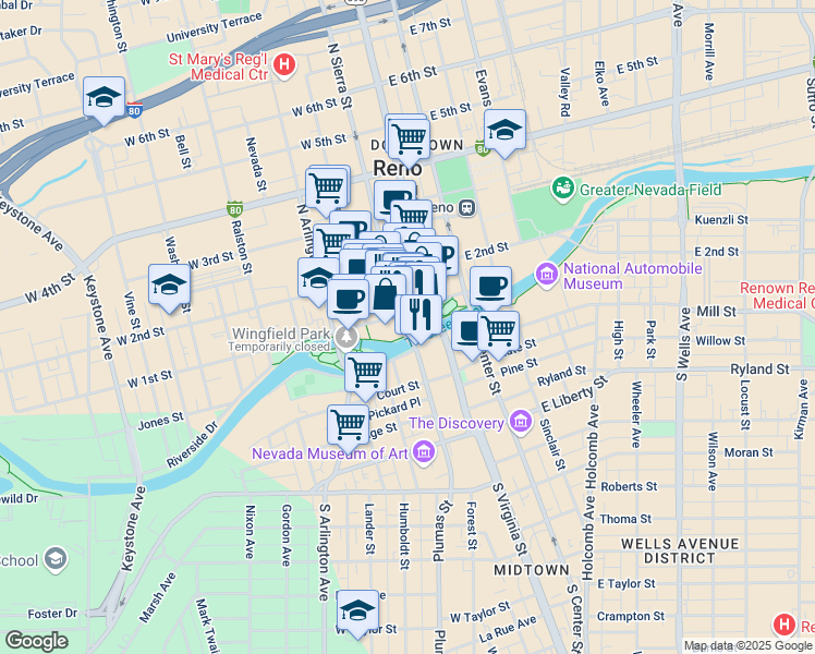 map of restaurants, bars, coffee shops, grocery stores, and more near in Reno