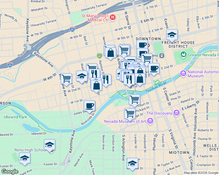 map of restaurants, bars, coffee shops, grocery stores, and more near in Reno