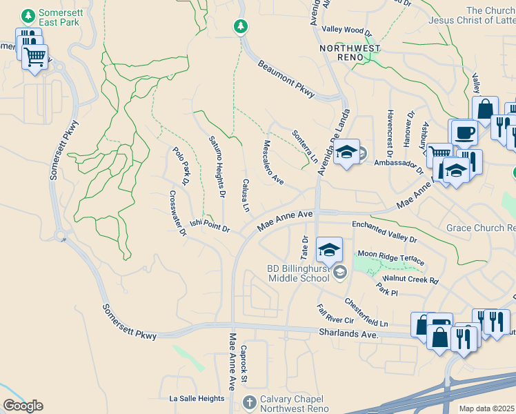 map of restaurants, bars, coffee shops, grocery stores, and more near 1432 Calusa Lane in Reno