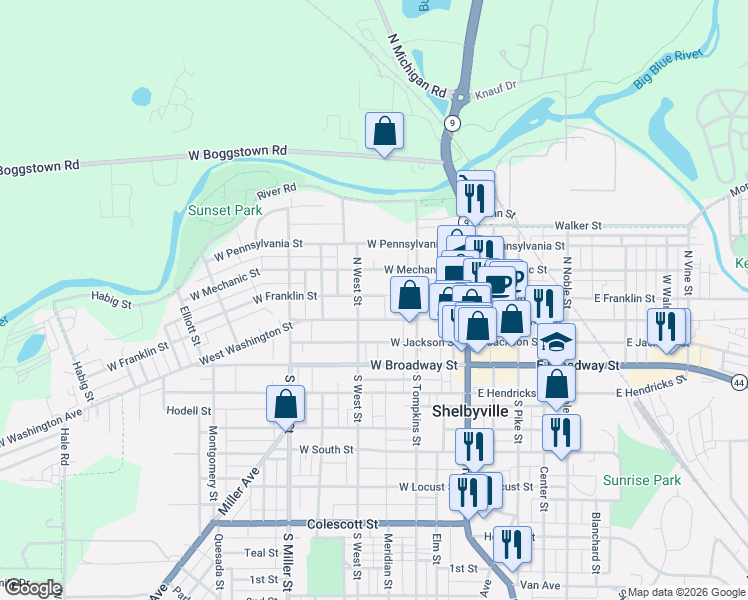 map of restaurants, bars, coffee shops, grocery stores, and more near 132 West Washington Street in Shelbyville