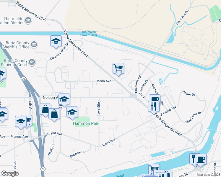 map of restaurants, bars, coffee shops, grocery stores, and more near 15 Mono Avenue in Oroville