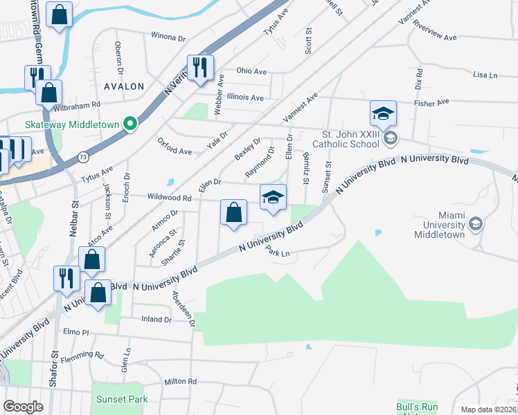 map of restaurants, bars, coffee shops, grocery stores, and more near 3210 Wildwood Road in Middletown
