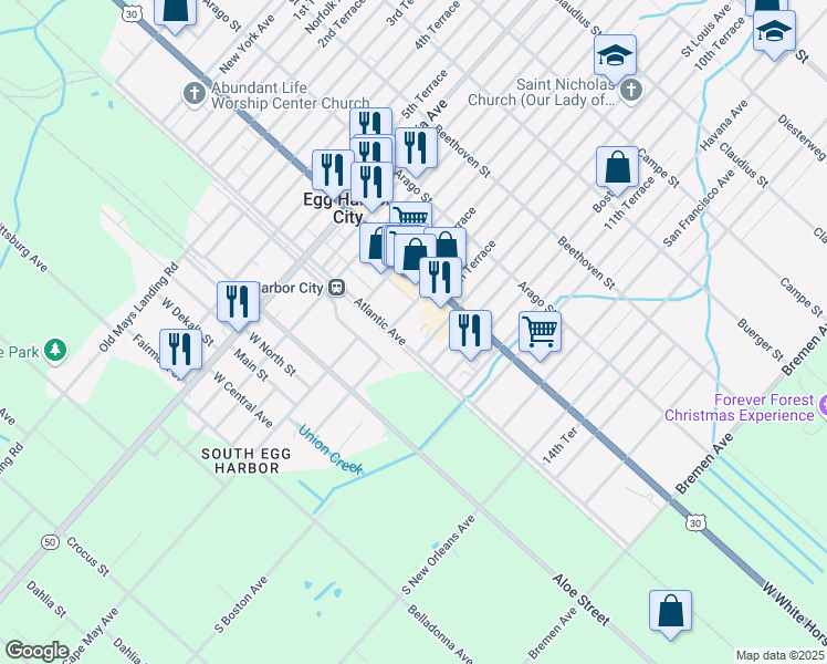map of restaurants, bars, coffee shops, grocery stores, and more near 901 Atlantic Avenue in Egg Harbor City