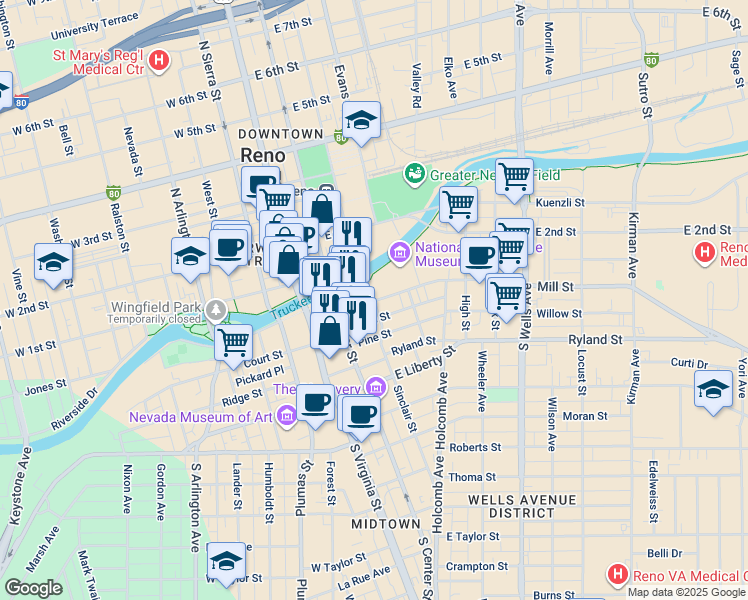 map of restaurants, bars, coffee shops, grocery stores, and more near 1 Lake Street in Reno