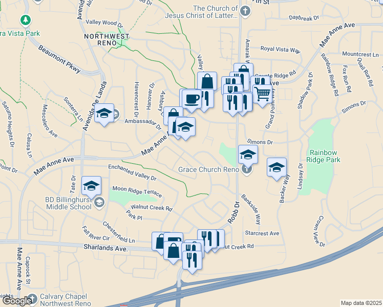 map of restaurants, bars, coffee shops, grocery stores, and more near 1496 Canyon Creek Road in Reno