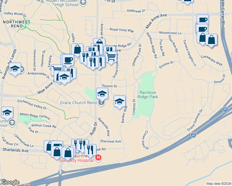 map of restaurants, bars, coffee shops, grocery stores, and more near 1455 Grand Point Way in Reno