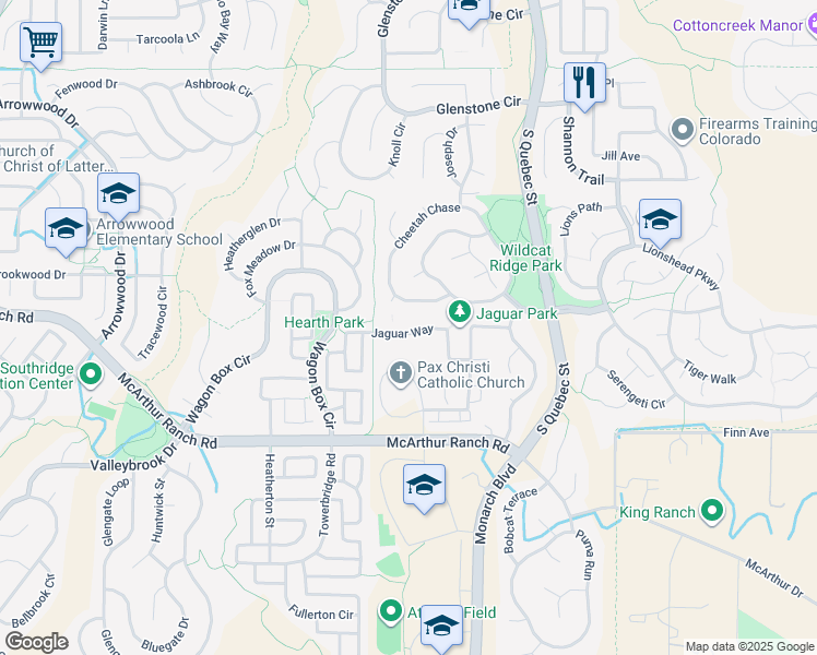 map of restaurants, bars, coffee shops, grocery stores, and more near 5711 Jaguar Way in Lone Tree