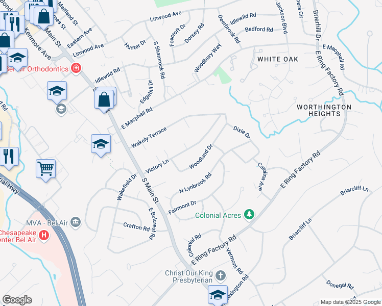 map of restaurants, bars, coffee shops, grocery stores, and more near 232 Victory Lane in Bel Air