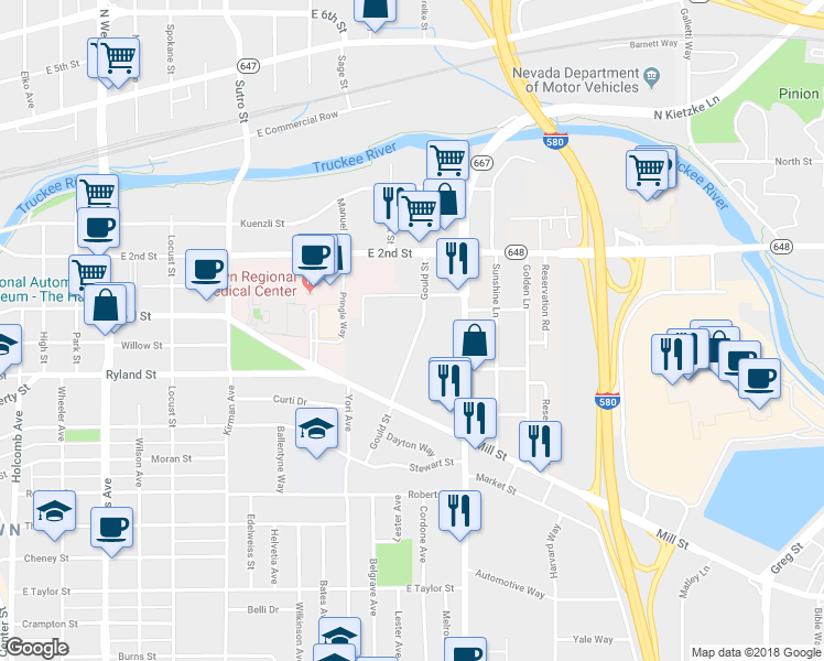 map of restaurants, bars, coffee shops, grocery stores, and more near 395 Gould Street in Reno