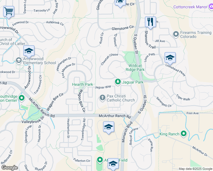 map of restaurants, bars, coffee shops, grocery stores, and more near 5711 Jaguar Way in Lone Tree