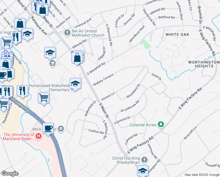map of restaurants, bars, coffee shops, grocery stores, and more near 151 Victory Lane in Bel Air