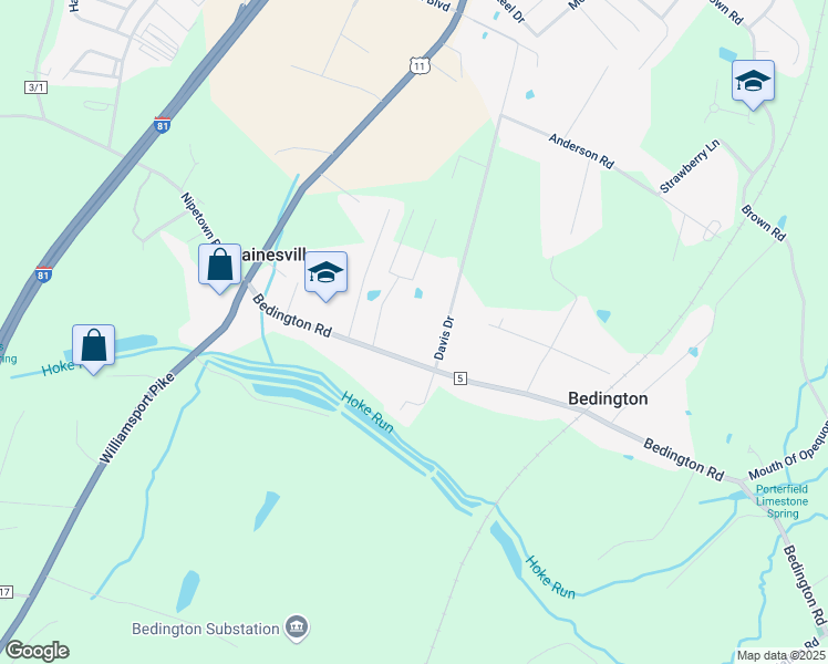 map of restaurants, bars, coffee shops, grocery stores, and more near 381 Bedington Road in Martinsburg
