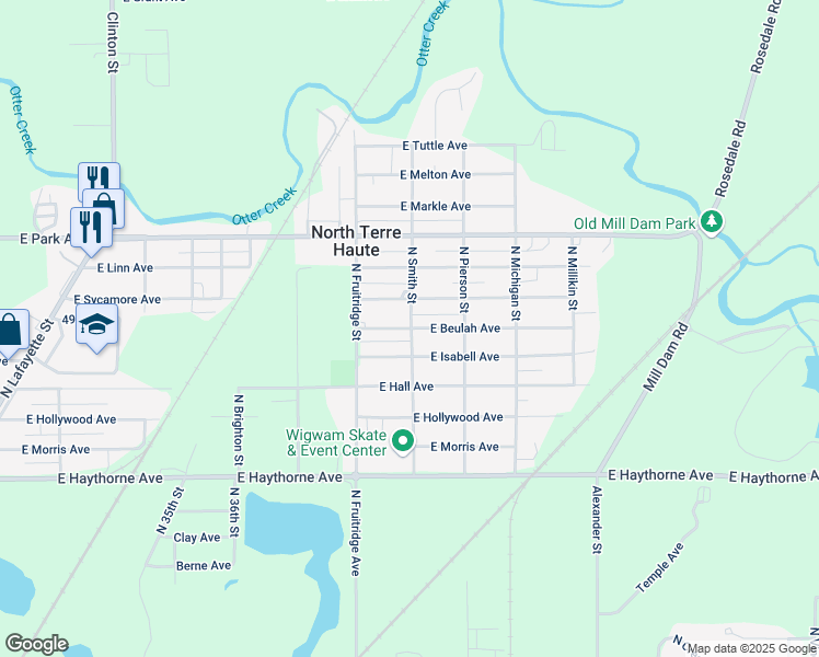map of restaurants, bars, coffee shops, grocery stores, and more near 3799 East Beulah Avenue in North Terre Haute
