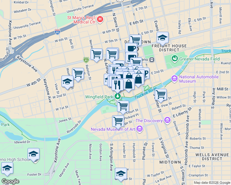 map of restaurants, bars, coffee shops, grocery stores, and more near 300 West 1st Street in Reno