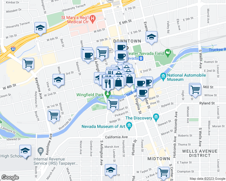 map of restaurants, bars, coffee shops, grocery stores, and more near W 1st St & West St in Reno