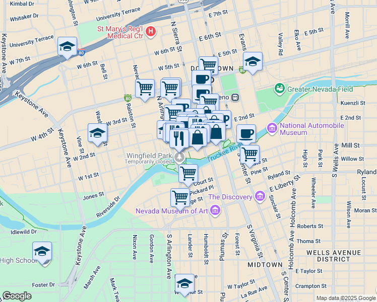 map of restaurants, bars, coffee shops, grocery stores, and more near in Reno