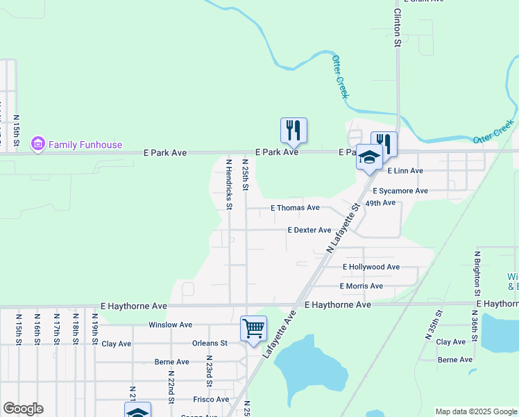 map of restaurants, bars, coffee shops, grocery stores, and more near 2535 East Thomas Avenue in Terre Haute