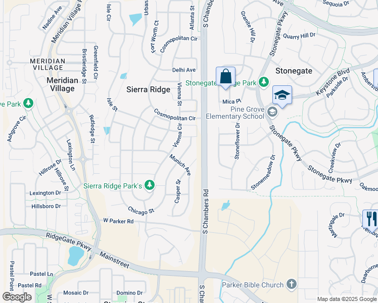 map of restaurants, bars, coffee shops, grocery stores, and more near 10541 Casper Point in Parker