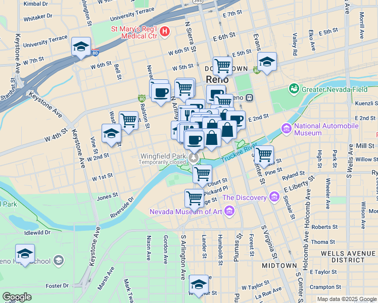map of restaurants, bars, coffee shops, grocery stores, and more near 300 West 1st Street in Reno
