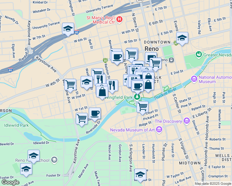 map of restaurants, bars, coffee shops, grocery stores, and more near in Reno