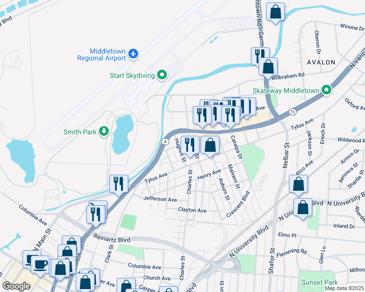 map of restaurants, bars, coffee shops, grocery stores, and more near 1024 Hughes Street in Middletown