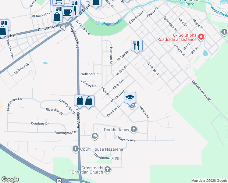 map of restaurants, bars, coffee shops, grocery stores, and more near 528 Warren Avenue in Washington Court House