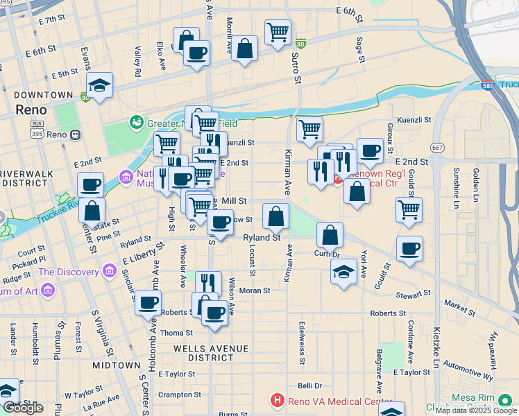 map of restaurants, bars, coffee shops, grocery stores, and more near 810 Mill Street in Reno