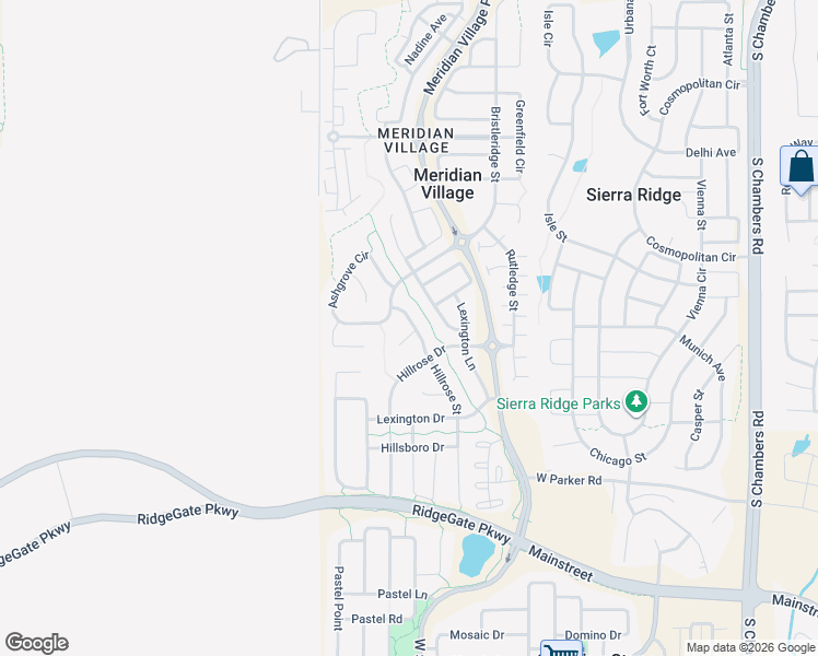 map of restaurants, bars, coffee shops, grocery stores, and more near 10526 Hillrose Street in Parker