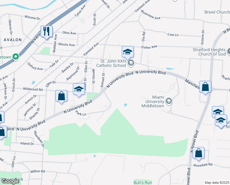 map of restaurants, bars, coffee shops, grocery stores, and more near 1209 North University Boulevard in Middletown