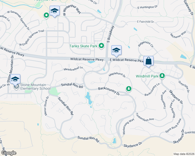 map of restaurants, bars, coffee shops, grocery stores, and more near 10523 Morningdew Court in Highlands Ranch