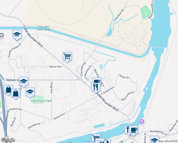 map of restaurants, bars, coffee shops, grocery stores, and more near 32 La Cresenta Drive in Oroville
