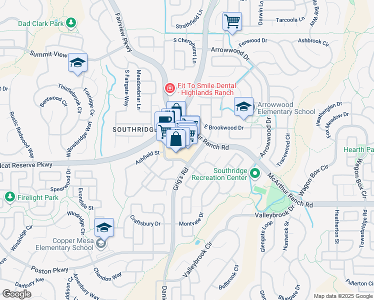 map of restaurants, bars, coffee shops, grocery stores, and more near 4004 Red Cedar Drive in Highlands Ranch
