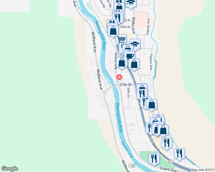 map of restaurants, bars, coffee shops, grocery stores, and more near 2664 Woodberry Drive in Glenwood Springs
